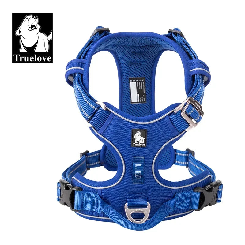 Blue mesh dog harness with adjustable shoulder and belly straps