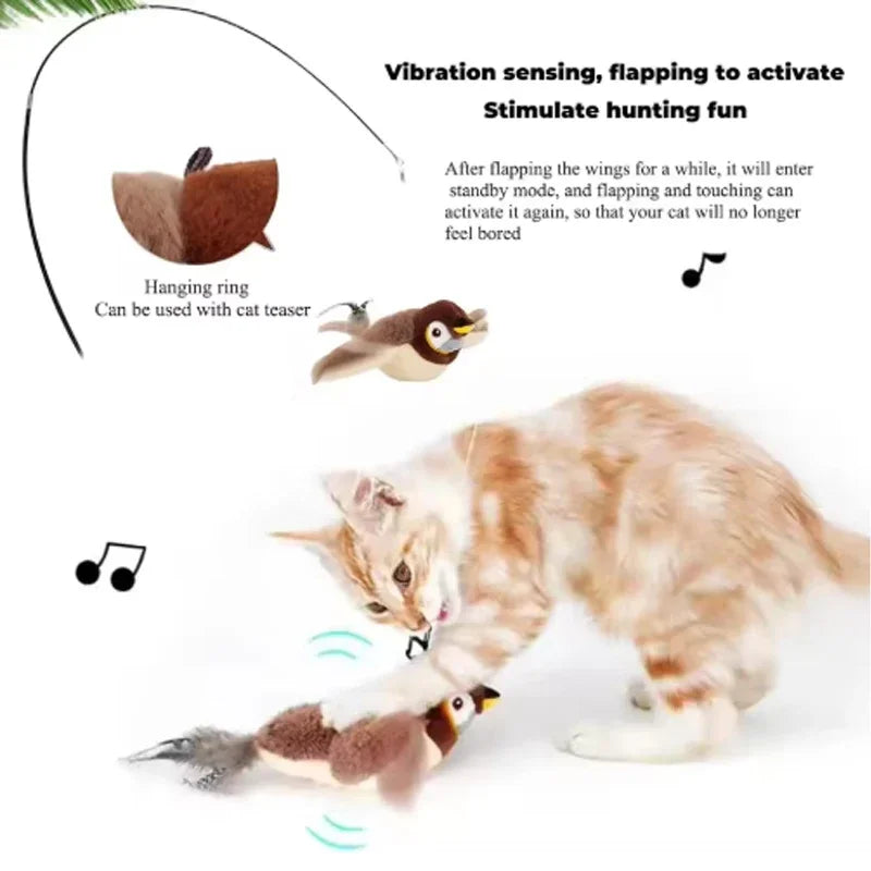 Rechargeable Electric Simulated Bird Pet Toy, Touch Activated Chirping Flapping (No Flying), Interactive Plush Toy for Cats Dogs