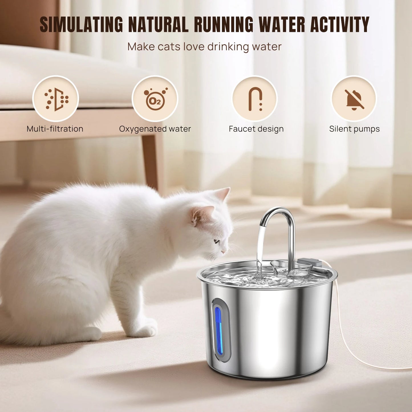 Stainless steel cat water fountain with blue LED light and flowing top stream