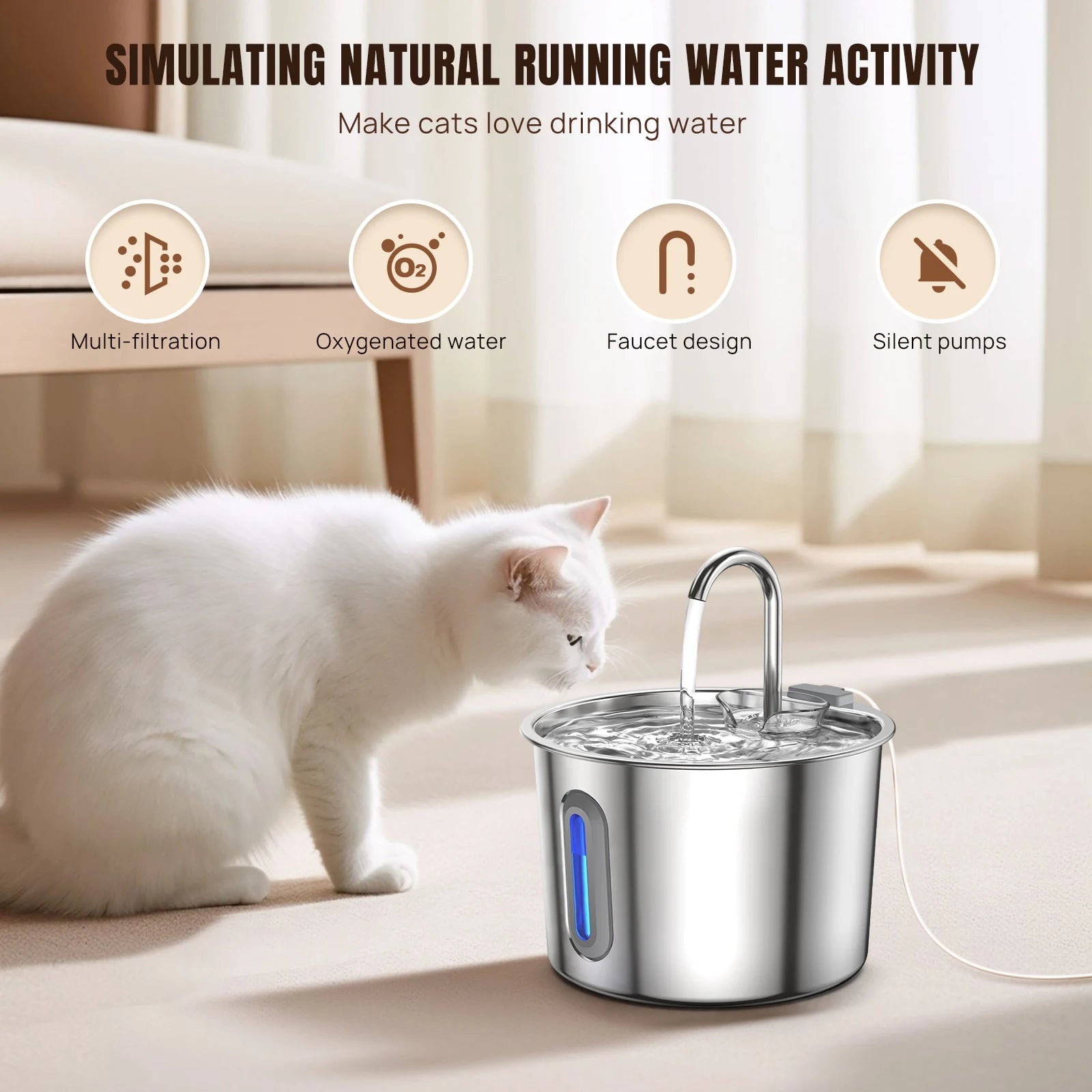 Stainless steel cat water fountain with blue LED light and flowing top stream