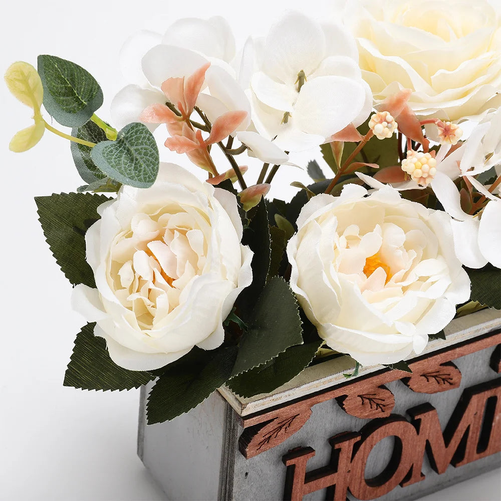 Artificial White Hydrangea in Wooden Pot