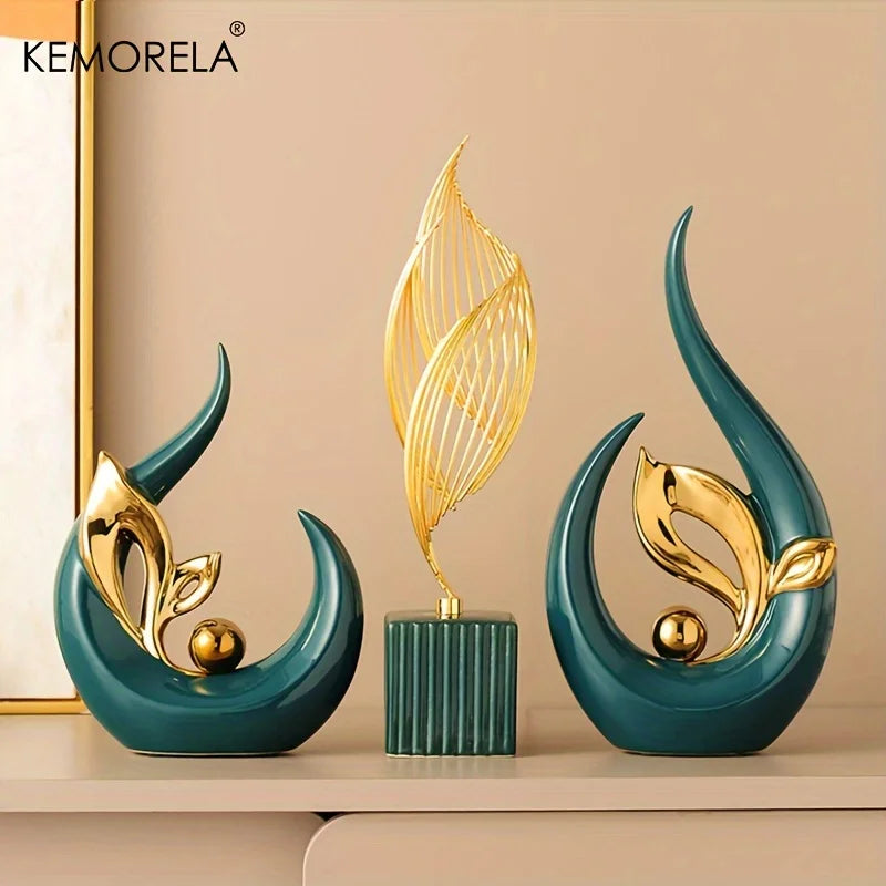Nordic ceramic figurine with teal crescent base, gold leaf details, and dark teal ornament