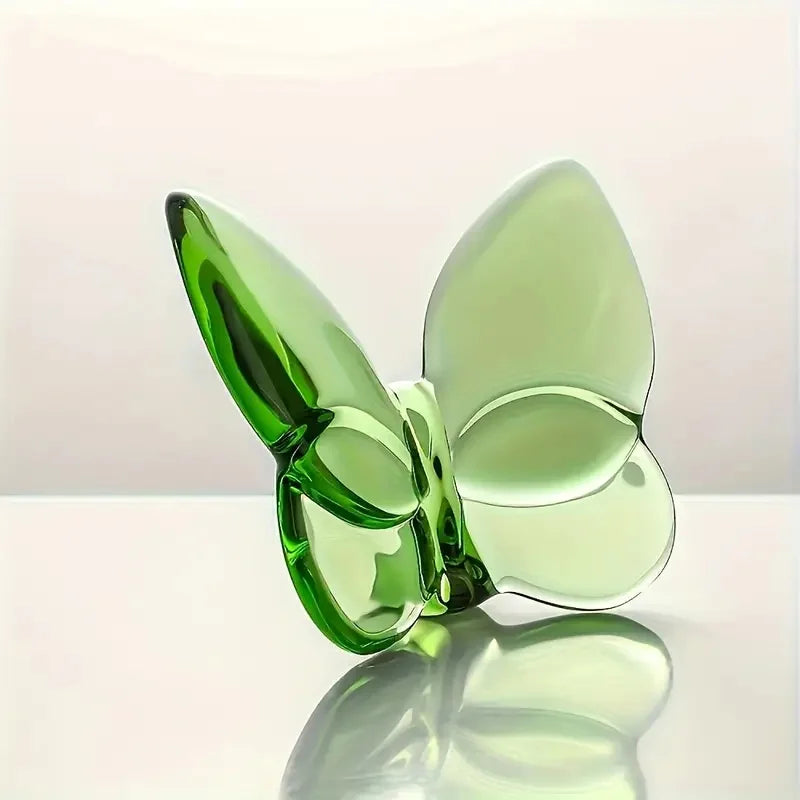 Green crystal glass butterfly desk ornament with glossy wings and mirrored base