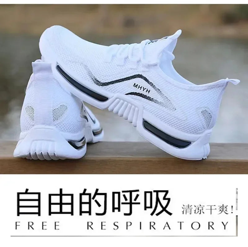 White slip-on running sneakers with thick sole, elastic collar, and black trim stripe