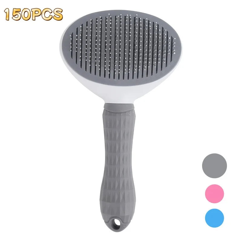 Gray self-cleaning pet brush with oval head and metal pins, textured grip handle