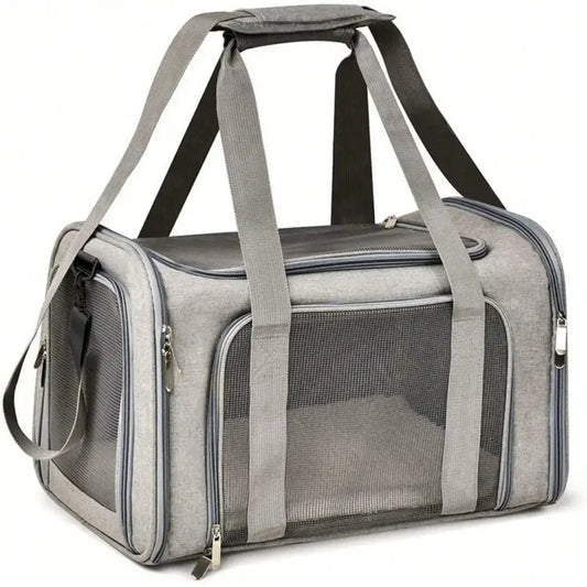 Gray soft-sided foldable pet carrier with front zip door and dual carry straps