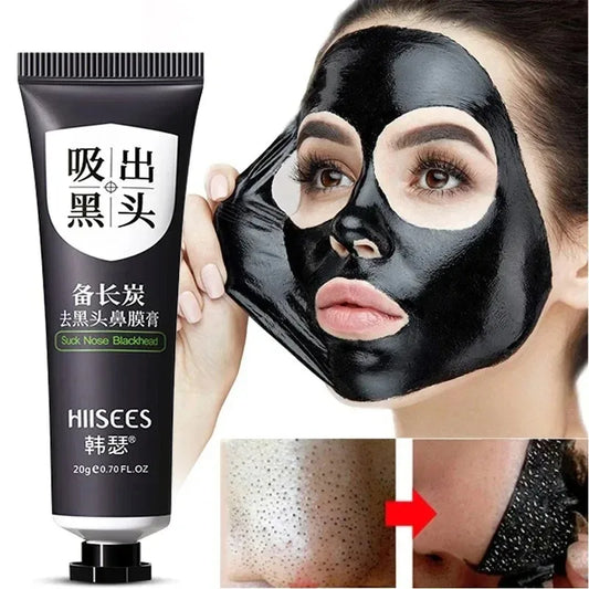 Blackhead peel-off mask tube with dark charcoal gel, squeeze nozzle