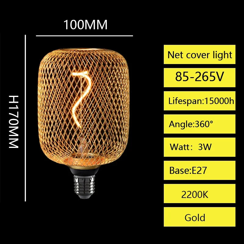 E27 Screw Creative Luxury Black Gold LED Light Bulb  Wrought Iron Mesh Cover Lamp Metal Cage Dining Bar Net Cover Light Lamp