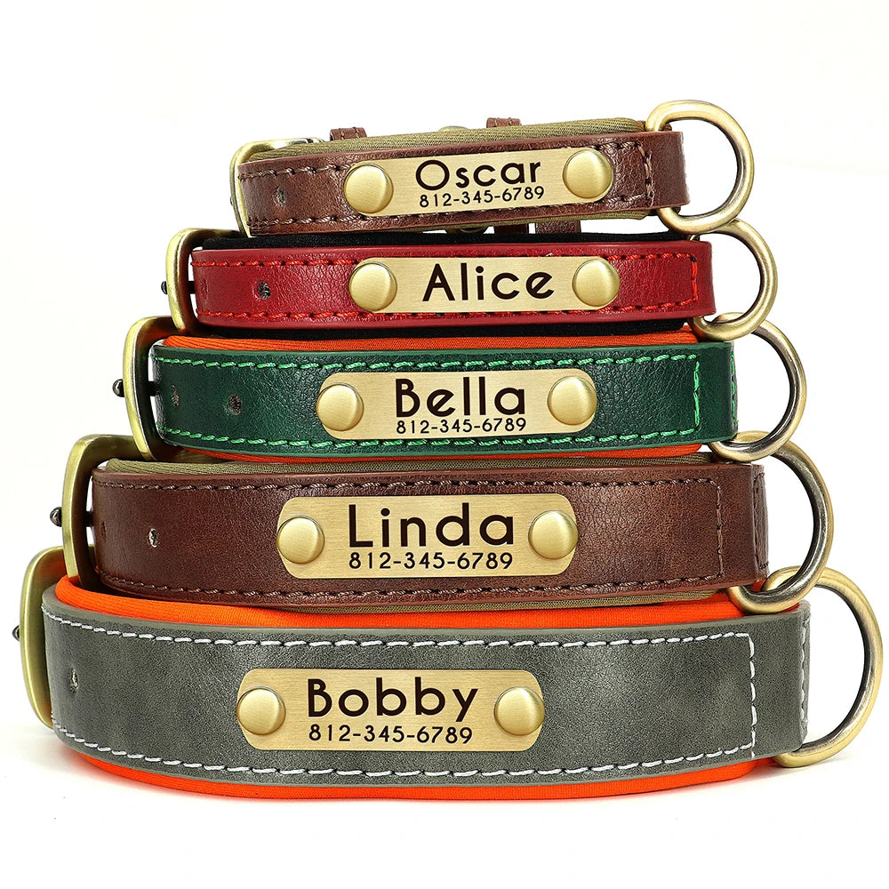 Customized PU Leather Nameplate Dog Collar Soft Padded Dogs Collars Free Engraving Name for Small Medium Large Dogs Adjustable - PrimeNest