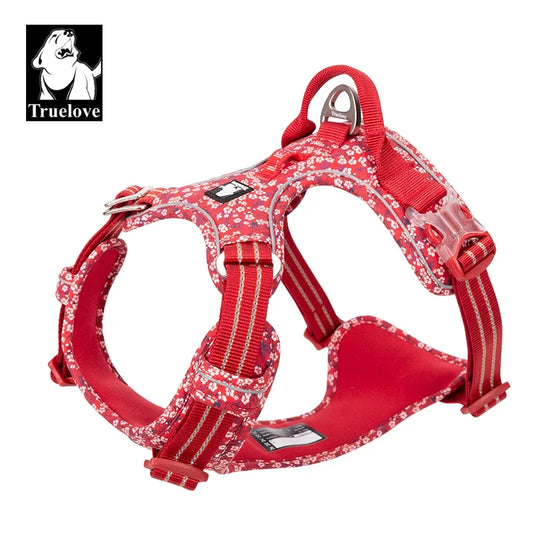 Red floral cotton dog harness vest with adjustable straps and front clip