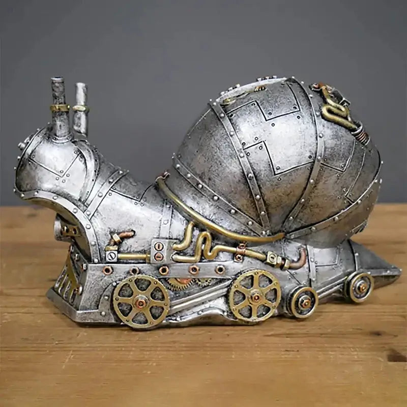 Silver resin steampunk engine sculpture from side view, with spoked wheel gears