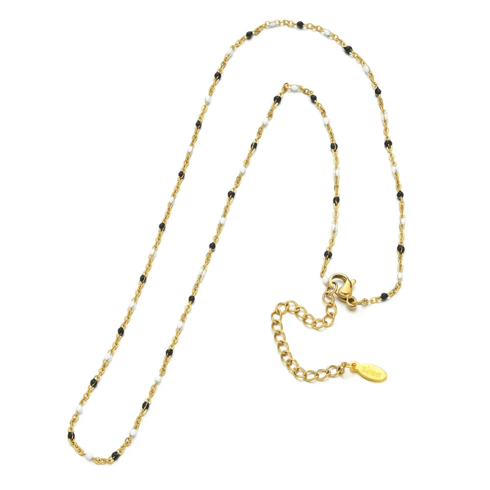 ZMZY Hot Pink Stainless Steel Link Cable Chain Fashion Gold Color Satellite Enamel Beads Necklace for Women Chic Summer Gift