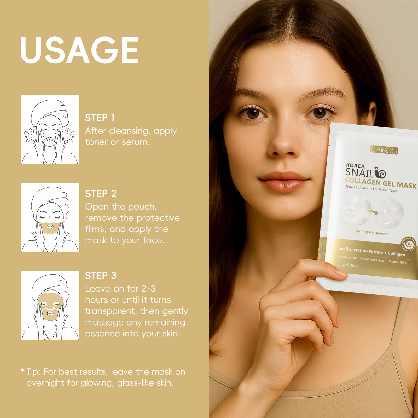 LAIKOU Korea Snail Collagen Essence Mask Hydrating Sheet Mask Anti-Wrinkle Face Mask Firming Skin Care 25g*20pcs - PrimeNest