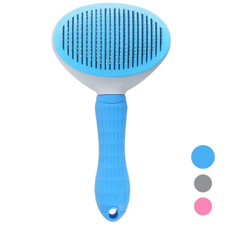 Blue pet hair grooming brush with oval paddle head and textured non-slip handle