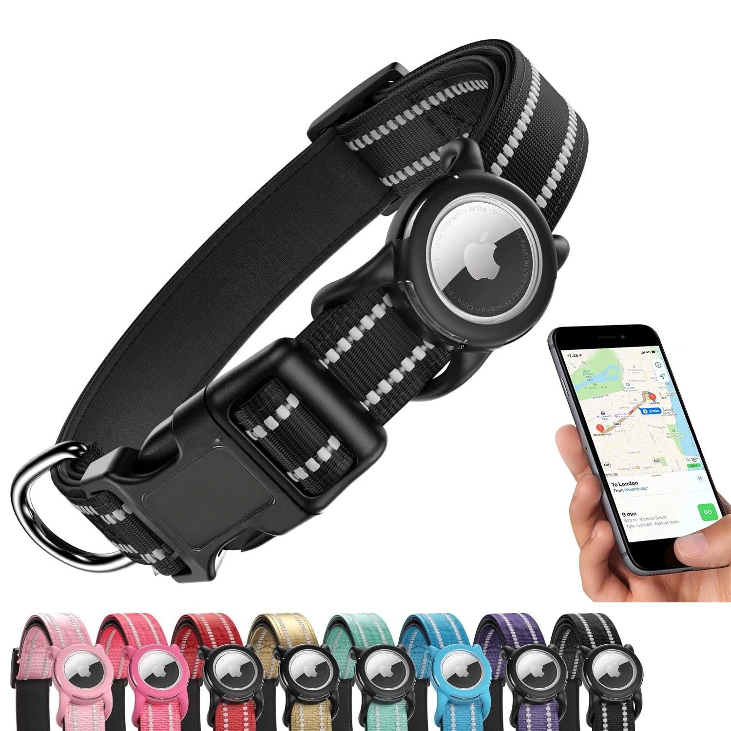 Waterproof Air Tag Dog Collar with AirTag Holder, Reflective Soft Padded &amp; Safety Buckle, AirTag Pet Collar Adjustable for Dogs