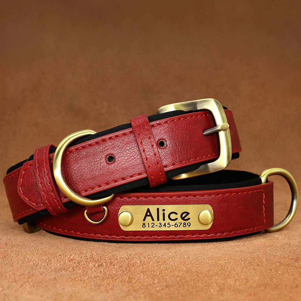 Customized PU Leather Nameplate Dog Collar Soft Padded Dogs Collars Free Engraving Name for Small Medium Large Dogs Adjustable - PrimeNest