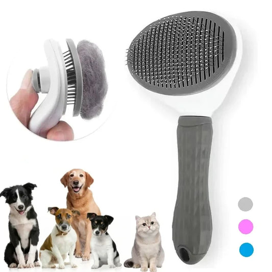Gray self-cleaning pet dematting comb with round needle brush head and textured handle