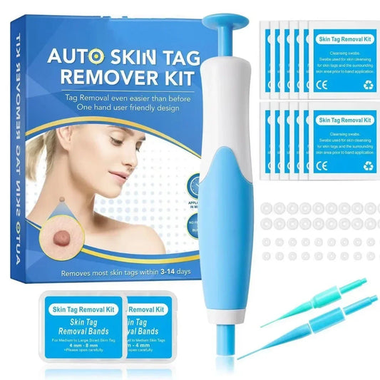 Auto skin tag remover kit box and blue handheld applicator device