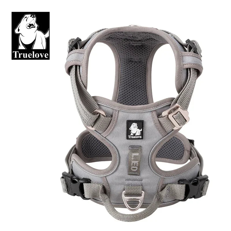 Gray mesh dog harness with adjustable straps and front chest panel