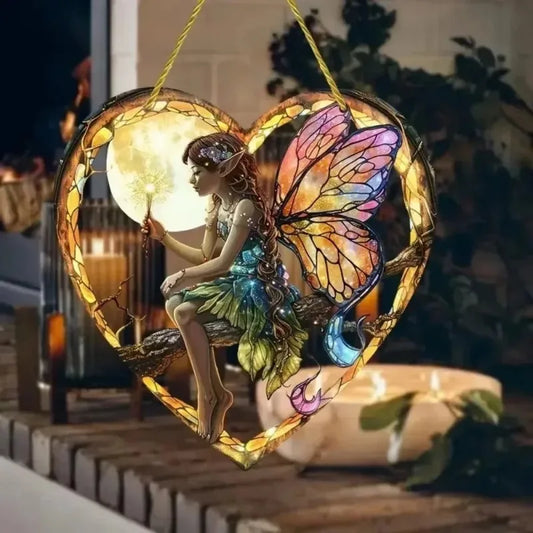 Heart-shaped acrylic suncatcher with fairy and purple butterfly wings, gold border