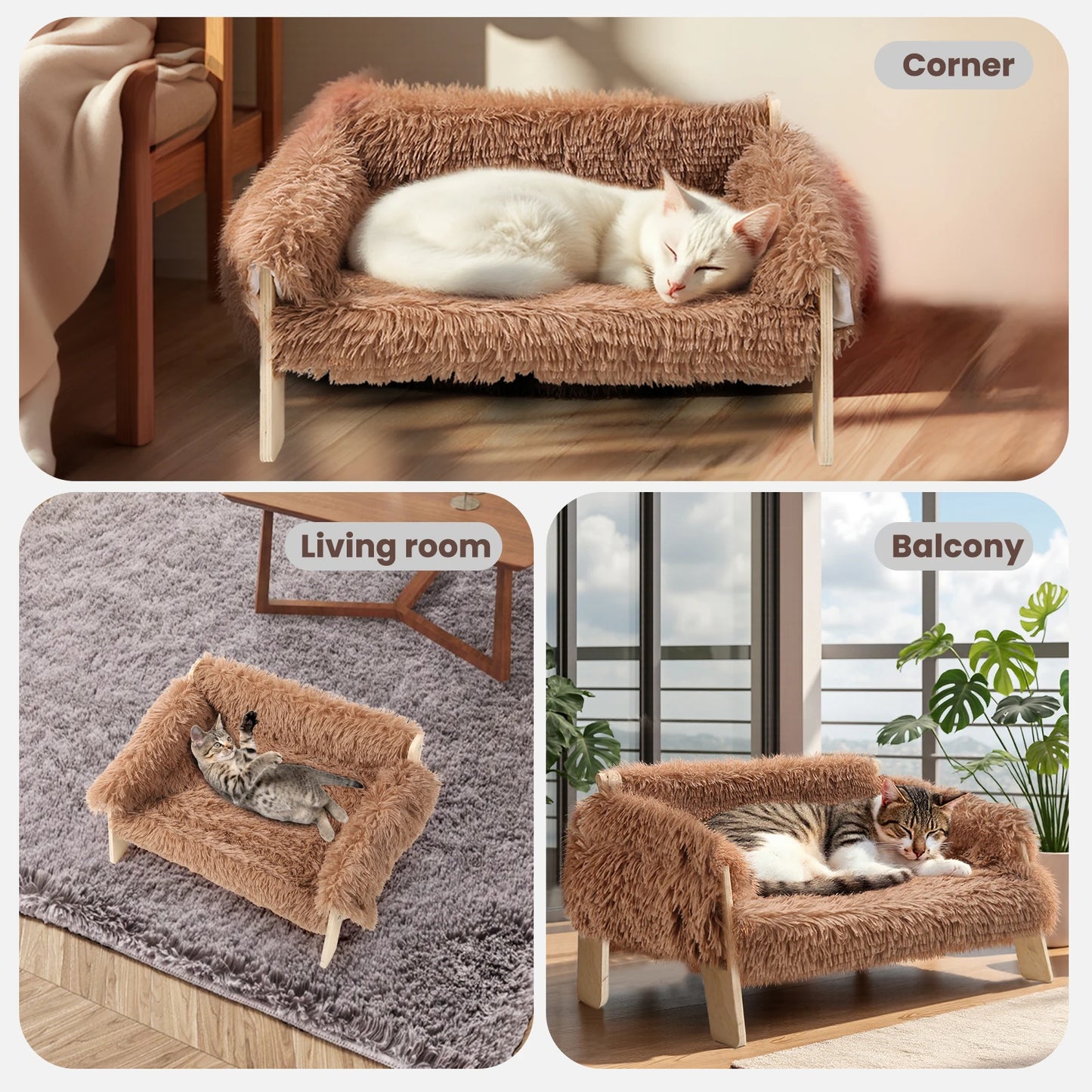 Raised Plush Cat Sofa Bed with Wooden Legs