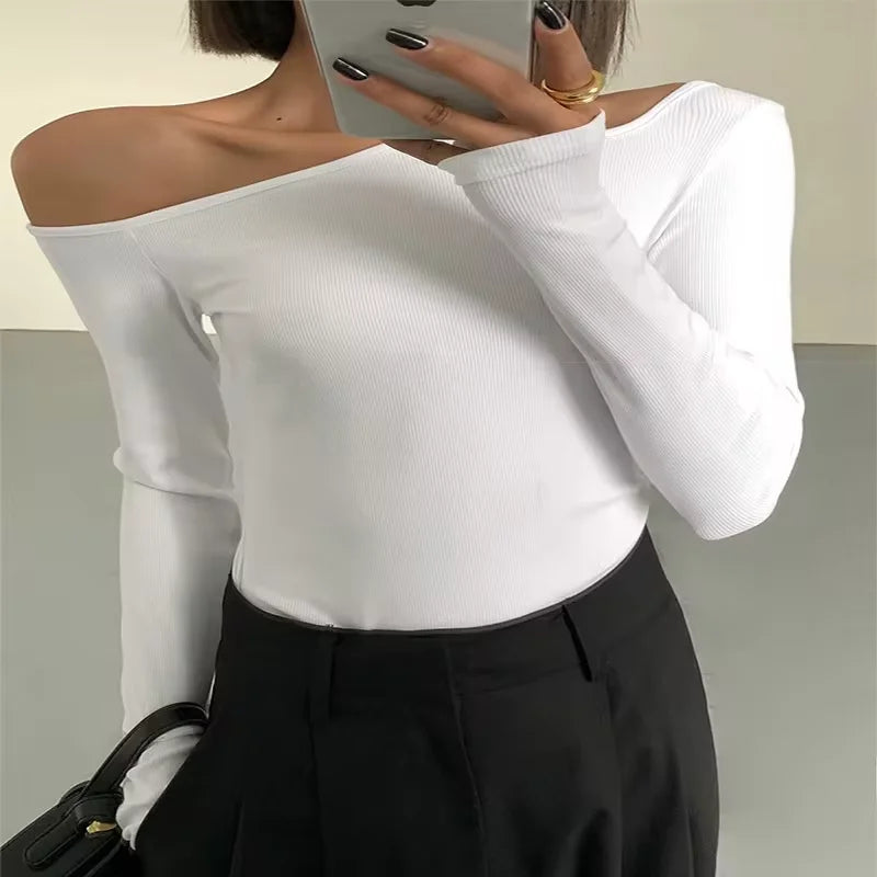 Fashion Skew Collar Off-shoulder Long-sleeved T-shirts Women Spring New Solid Slim Fit Crop Top Sexy Hollow Out Tees Shirts - PrimeNest