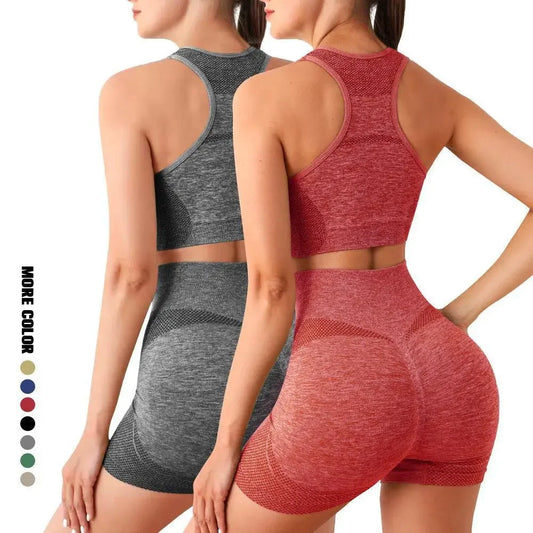 Seamless yoga set with racerback bra and shorts, shown in gray and red (back view)