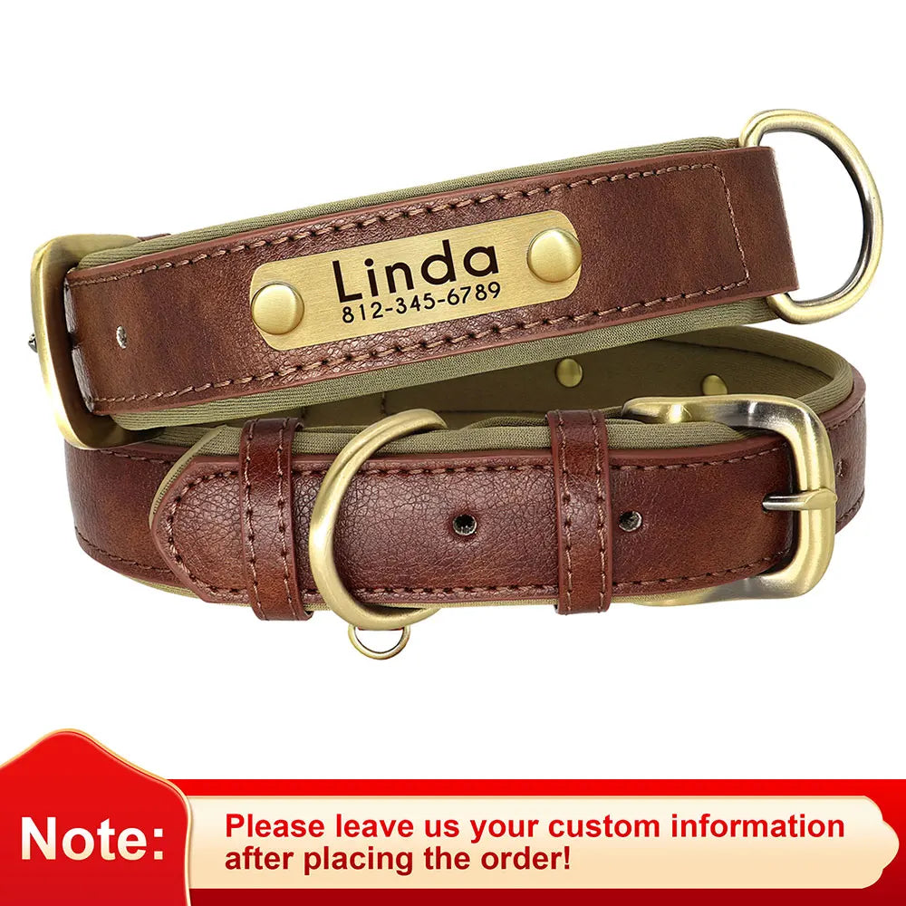 Customized PU Leather Nameplate Dog Collar Soft Padded Dogs Collars Free Engraving Name for Small Medium Large Dogs Adjustable - PrimeNest