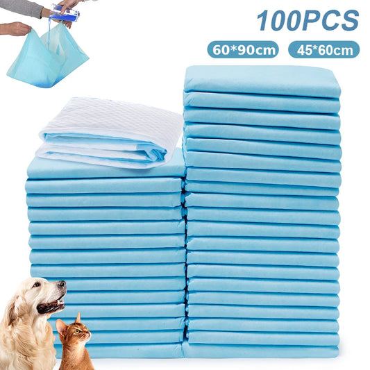 Disposable pet pee pads, blue and white, stacked bundle pack of 100