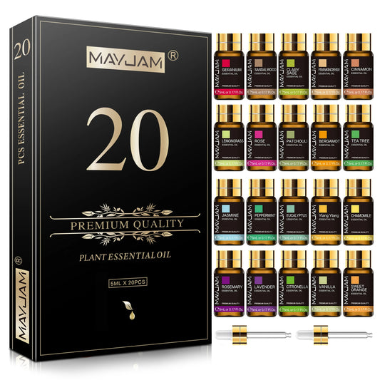 Essential oil gift set box, black with gold "20" and MAYJAM logo.