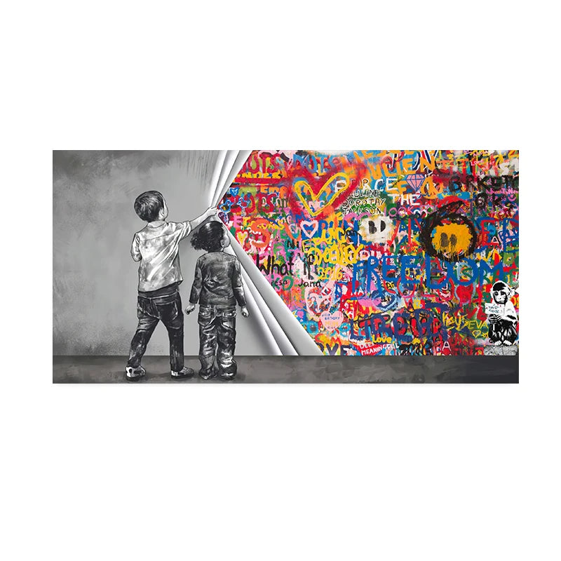 Banks Graffiti Art Fun Two Children Pulling Cloth Posters and Print Canvas Painting Wall Art Pictures for Living Room Home Decor
