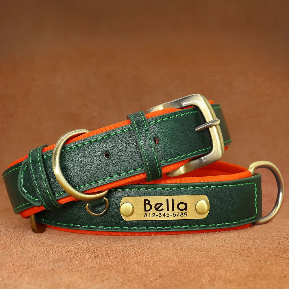 Customized PU Leather Nameplate Dog Collar Soft Padded Dogs Collars Free Engraving Name for Small Medium Large Dogs Adjustable - PrimeNest
