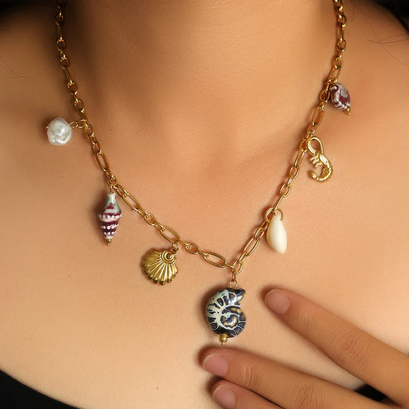 EILIECK 316L Stainless Steel Charms Pearl Star Celadon Pendant Drop Necklace For Women Golden Popular Summer Fashion Jewelry