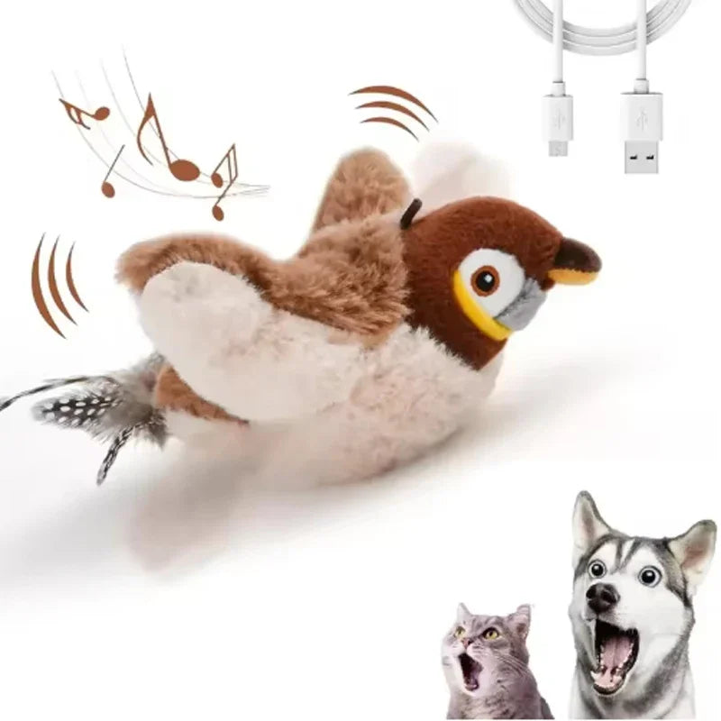 Rechargeable Electric Simulated Bird Pet Toy, Touch Activated Chirping Flapping (No Flying), Interactive Plush Toy for Cats Dogs