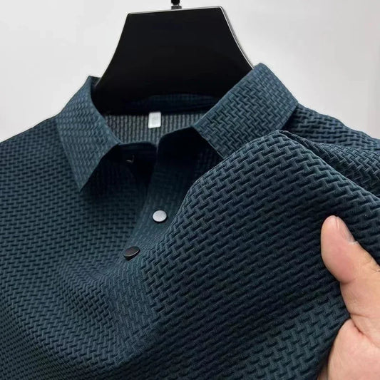 Teal textured polo shirt with button placket and folded collar