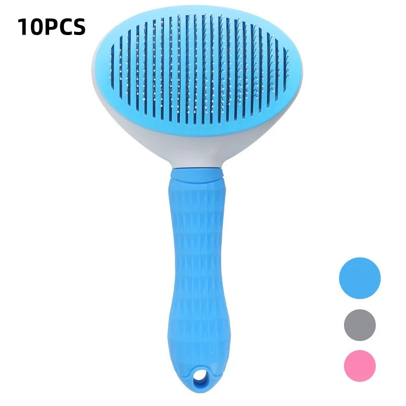 Blue pet hair grooming brush with oval paddle head and textured non-slip grip