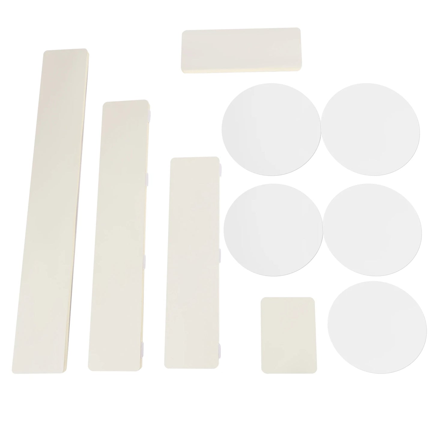 Milky white cardboard cut pieces for flower stands: rectangles and circles