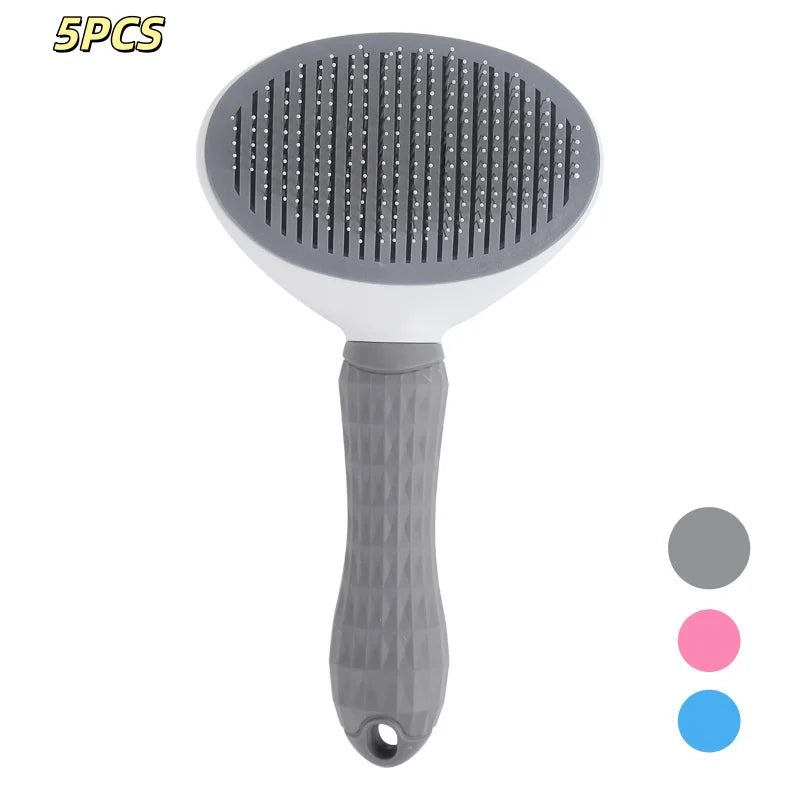 Gray self-cleaning pet brush with oval head and metal pins, textured grip handle