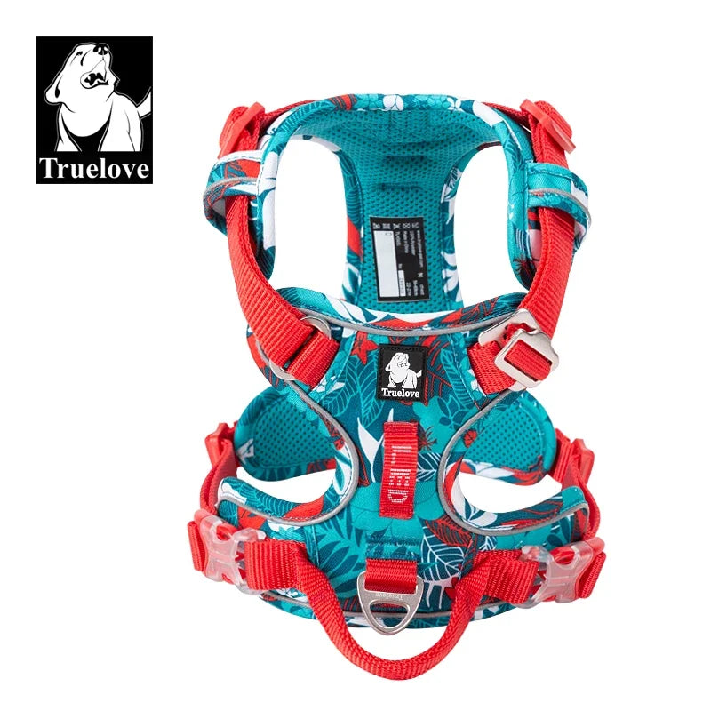 Reflective dog camouflage harness in teal and red with adjustable straps and metal buckle