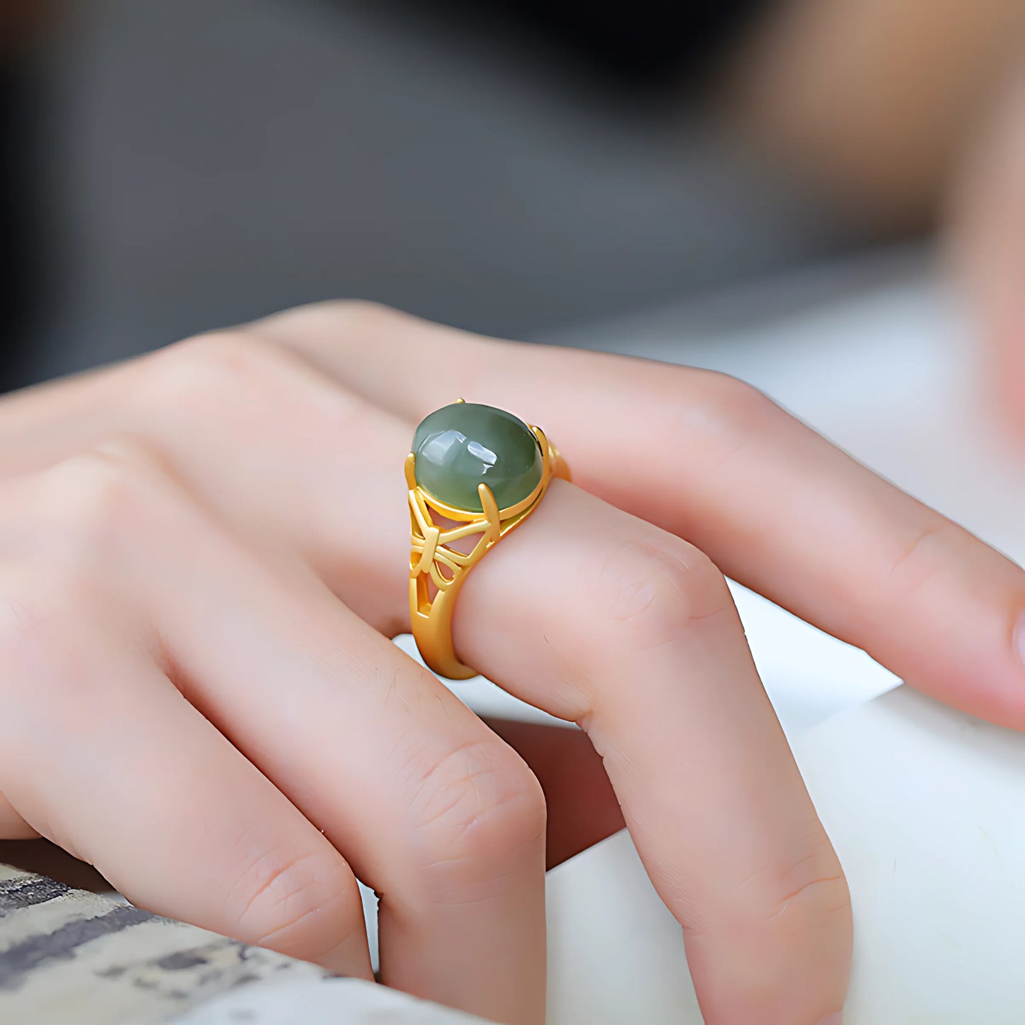 PANJBJ 925 Sterling Silver Hotan Jade Geometric Ring for Women Girl Adjustable Retro Delicate Jewelry Birthday Gift Dropshipping