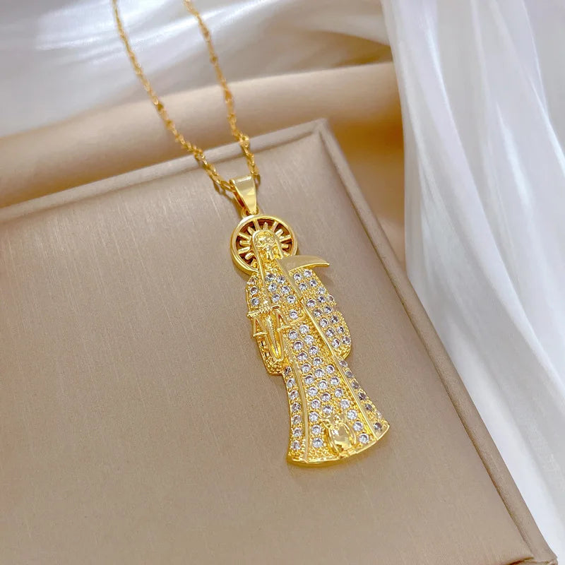 Stainless Steel Holy Death Necklace Saints Gold Color Plated Pendant Necklace Death Scythe Charms Christian Jewelry Santa Muerte