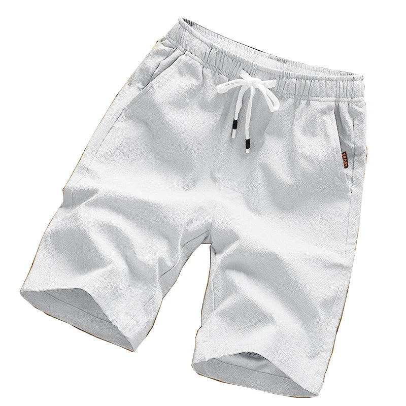 Men's casual drawstring shorts with elastic waist, white knee-length