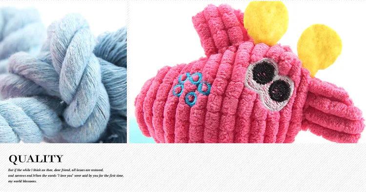 Pink and blue plush squeaky zoo dog toys with braided rope limbs