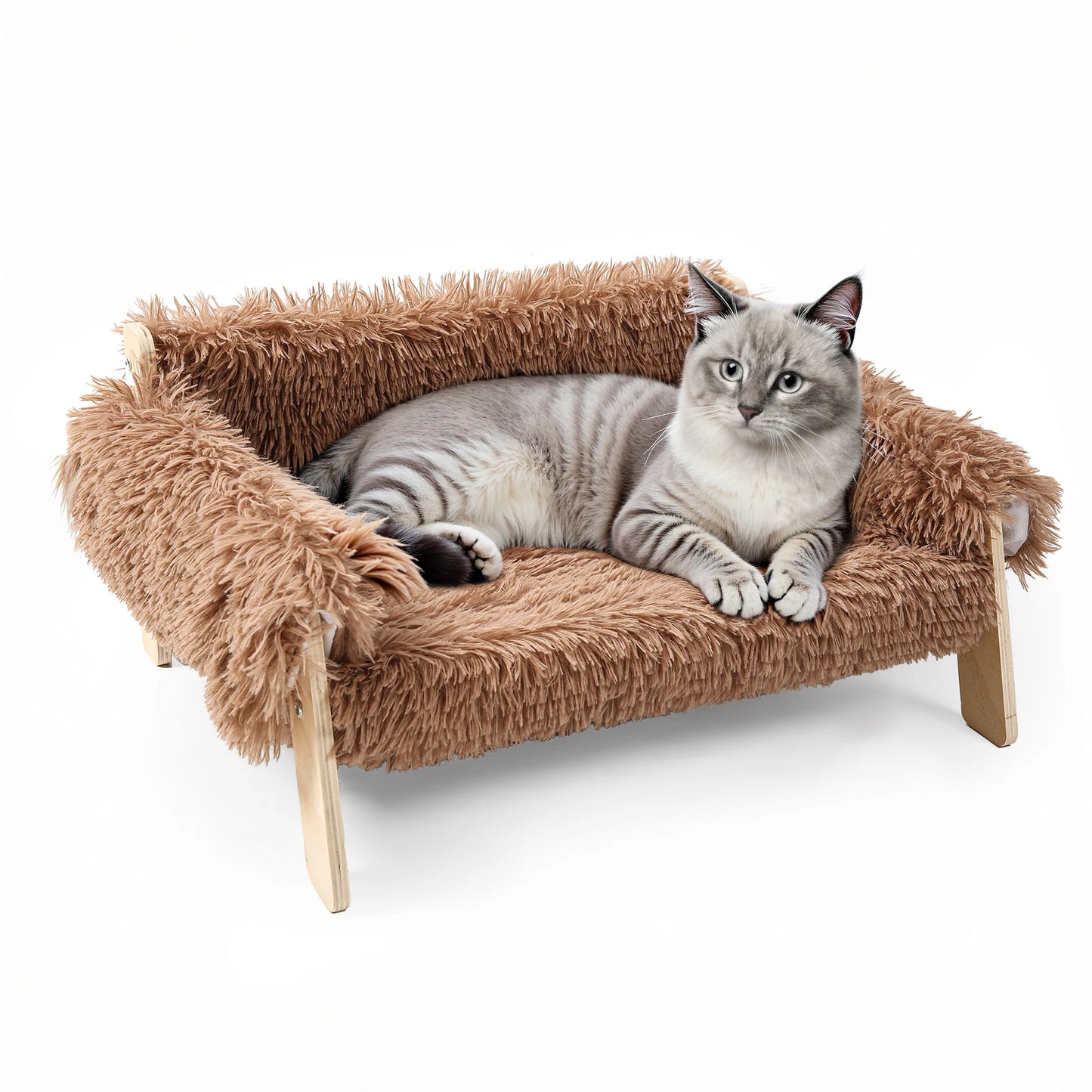Raised Plush Cat Sofa Bed with Wooden Legs