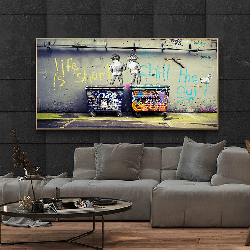 Banks Graffiti Art Fun Two Children Pulling Cloth Posters and Print Canvas Painting Wall Art Pictures for Living Room Home Decor