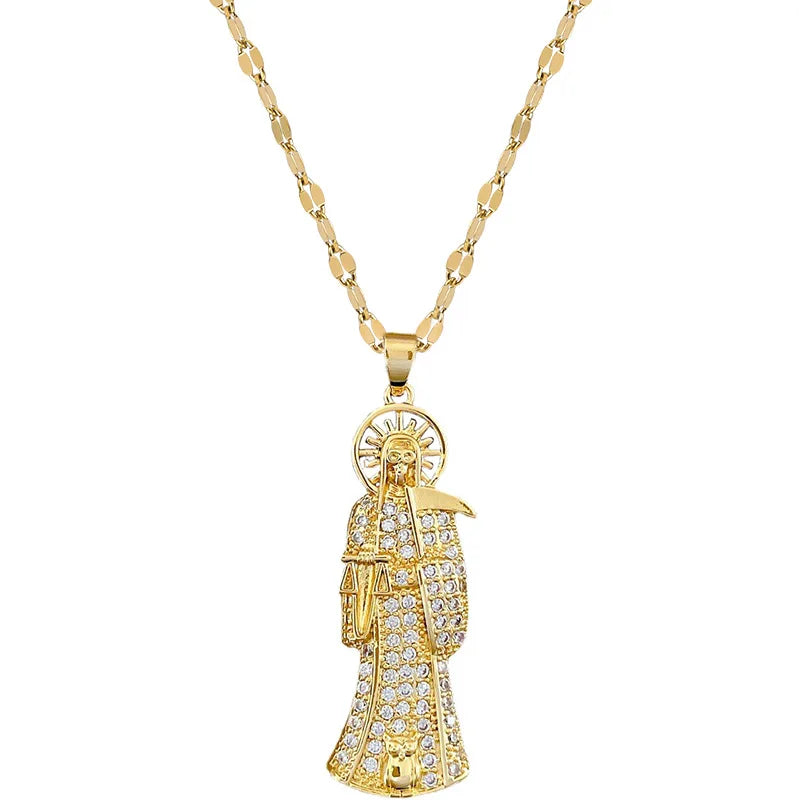 Stainless Steel Holy Death Necklace Saints Gold Color Plated Pendant Necklace Death Scythe Charms Christian Jewelry Santa Muerte