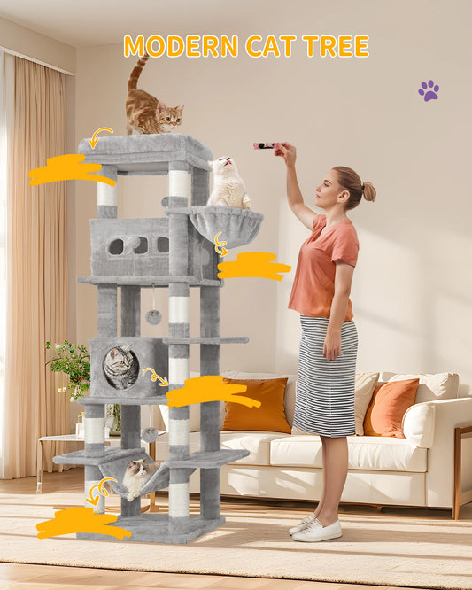 Multi-level cat tree tower with gray plush platforms, hanging pouch, and stacked condos