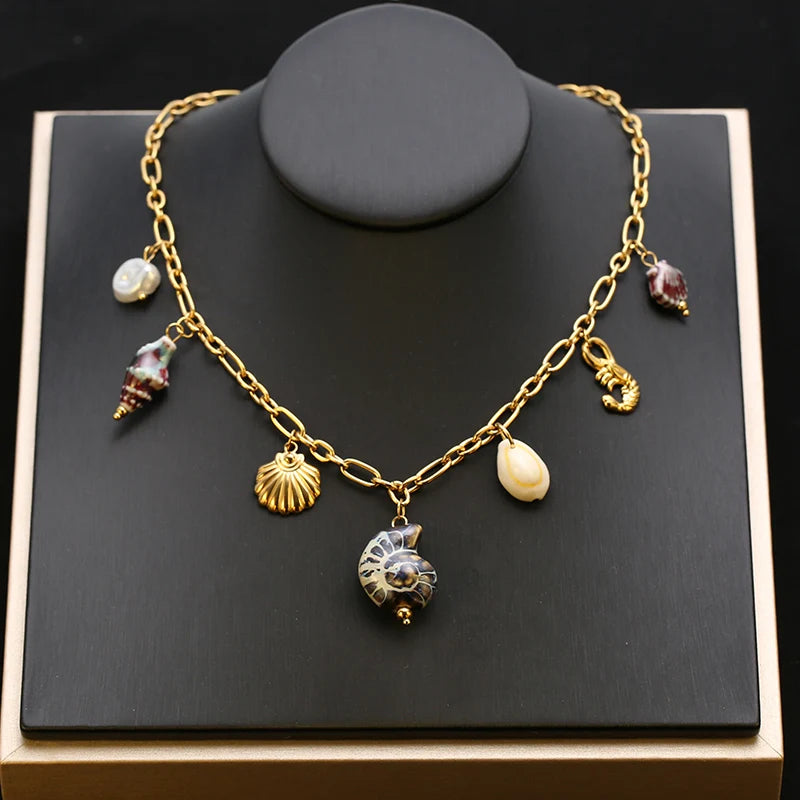 EILIECK 316L Stainless Steel Charms Pearl Star Celadon Pendant Drop Necklace For Women Golden Popular Summer Fashion Jewelry