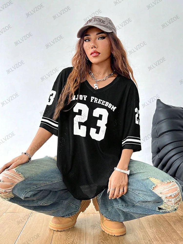 Orange Enjoy Freedom 23 Print T-Shirt For Women Summer New V-Neck Short Sleeve Sports Football Jersey Y2K Loose Oversized Tops