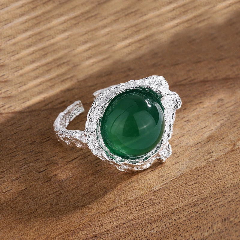 PANJBJ 925 Sterling Silver Hotan Jade Geometric Ring for Women Girl Adjustable Retro Delicate Jewelry Birthday Gift Dropshipping